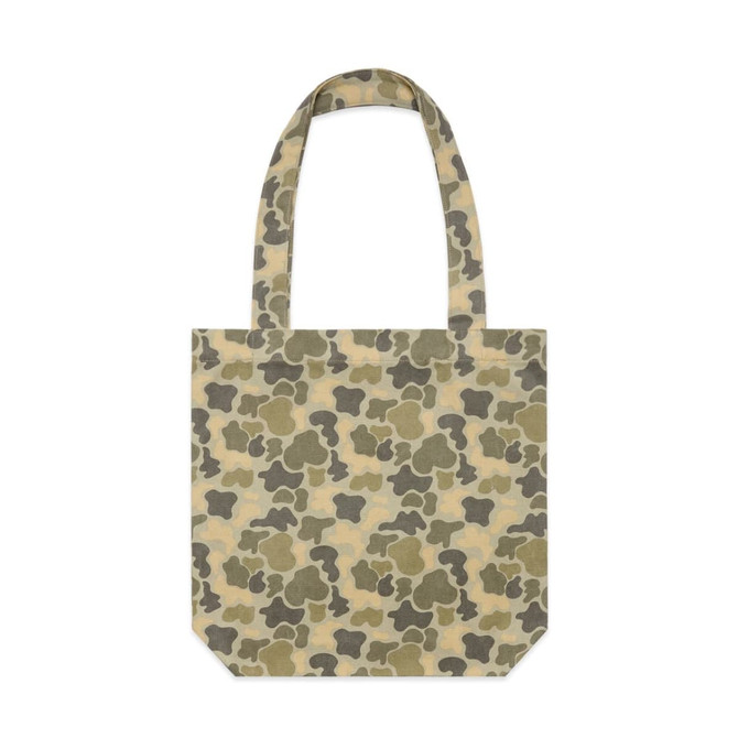A tote bag featuring a camouflage pattern in shades of green and beige, with two sturdy handles.
