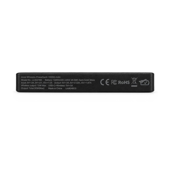 A solid black power bank with a compact design, featuring a logo and technical specifications on one side.