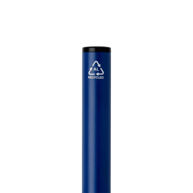 A blue twist ballpoint pen made from recycled aluminium, featuring a black cap and a logo indicating its eco-friendly materials.