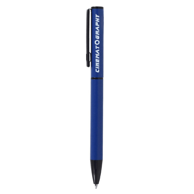 A blue metal ballpoint pen with a clip and branding on the barrel.