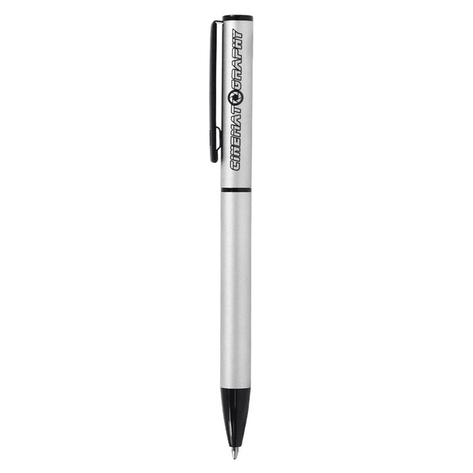 A metal ballpoint pen with a recycled aluminium body, featuring a silver colour and a black clip.