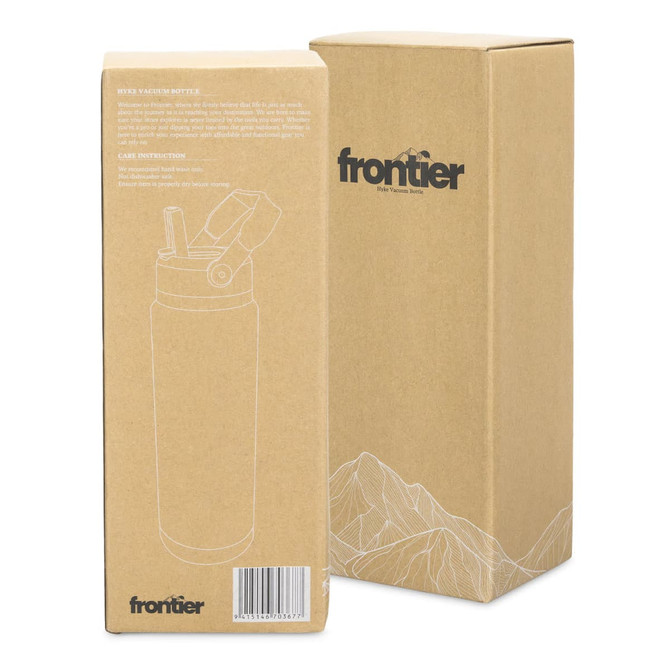 A drink bottle with a straw, presented in a cardboard box featuring a minimalist design and a logo.