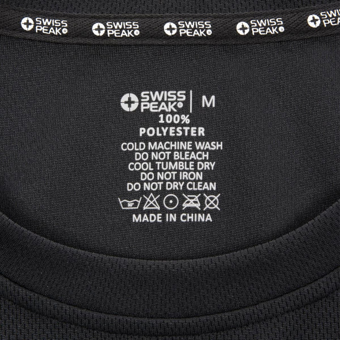 A black unisex t-shirt made from 100% polyester, featuring care instructions and a brand logo inside the collar.