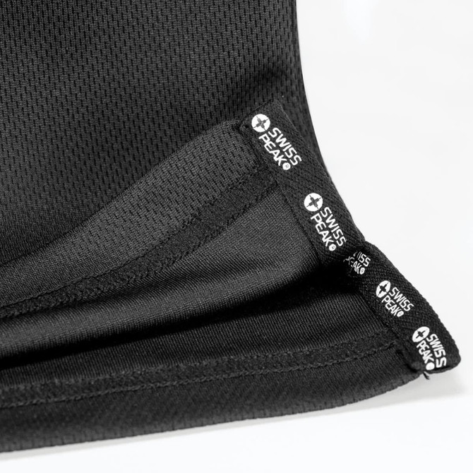A black unisex T-shirt with a textured fabric, featuring a logo tag on the hem.