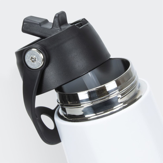 A drink bottle with a white body and a black lid, featuring a sip spout and a metal opening.