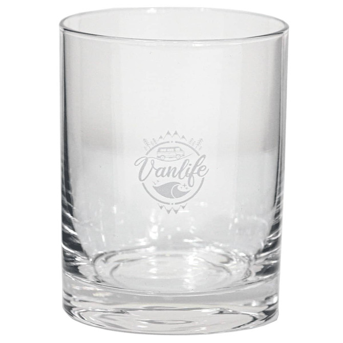 A clear glass tumbler with a circular base and an engraved logo. The design is simple and elegant.