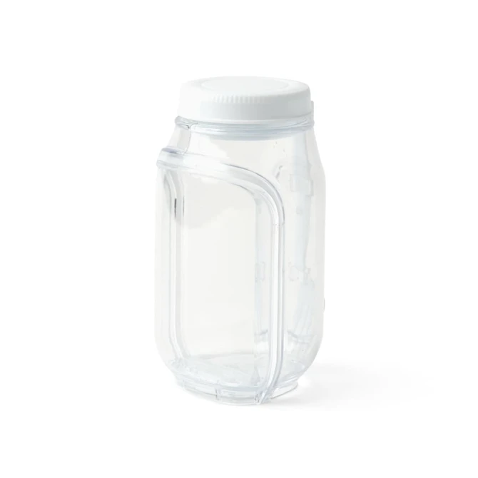 A clear plastic salad jar with a white lid and a unique curved design. It features a logo on the side.
