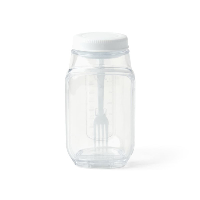 A clear plastic salad jar with a white lid and a built-in white fork inside.