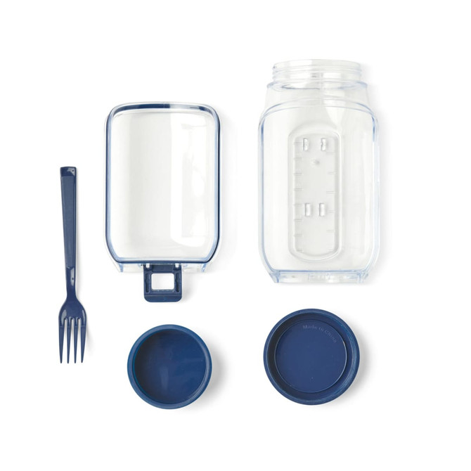 A transparent salad jar with a blue lid and fork, featuring a compartment for dressing.