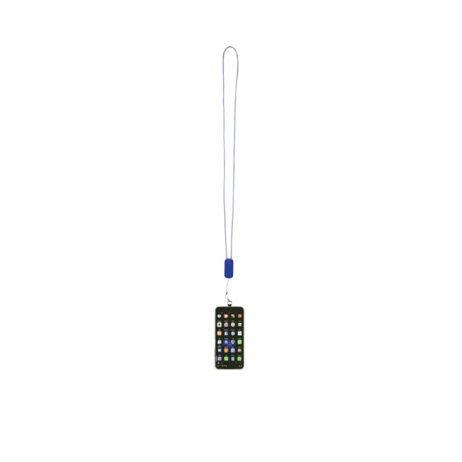 A blue lanyard attached to a smartphone holder. The holder has a dark design and features a built-in cable.