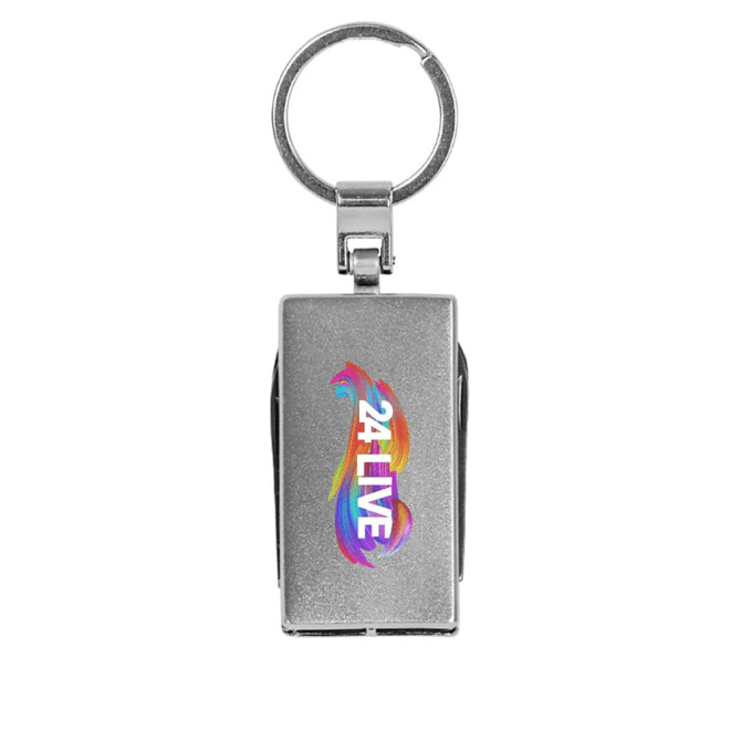 A silver multi-tool keyring featuring a keychain attachment and a design with vibrant colours.