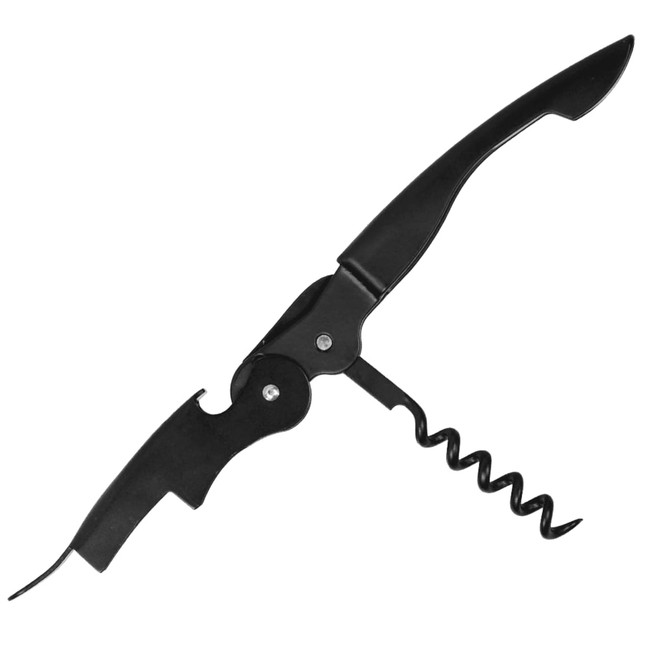A black premium wine waiters knife features a corkscrew and a lever design. It includes a branding logo.