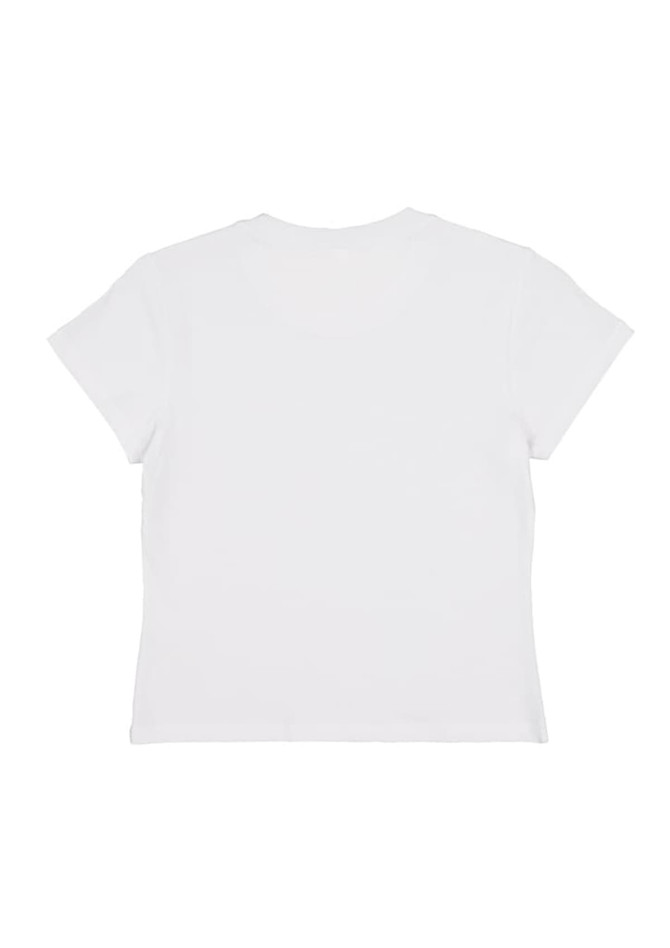 A white baby tee with short sleeves and a simple design, featuring a branding logo.