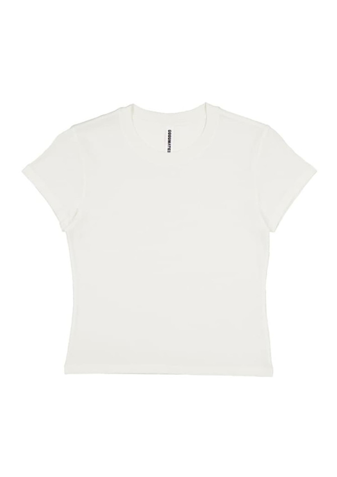 A white women's baby tee with short sleeves and a fitted style. The shirt features a logo on the label.