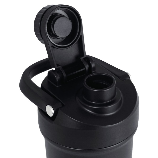 A drink bottle in matte black with a secure lid and carrying handle, featuring a logo on the side.