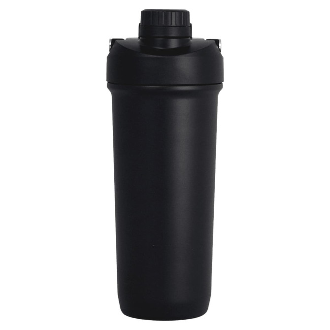 A drink bottle in matte black with a screw-top lid and a logo on the side.