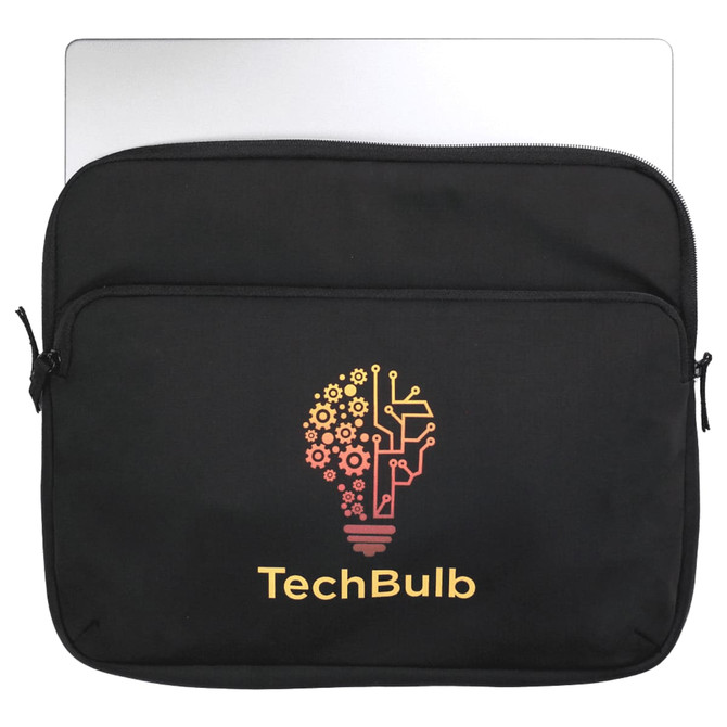 A black laptop sleeve features a light bulb design with gears and a logo, suitable for a laptop or device.