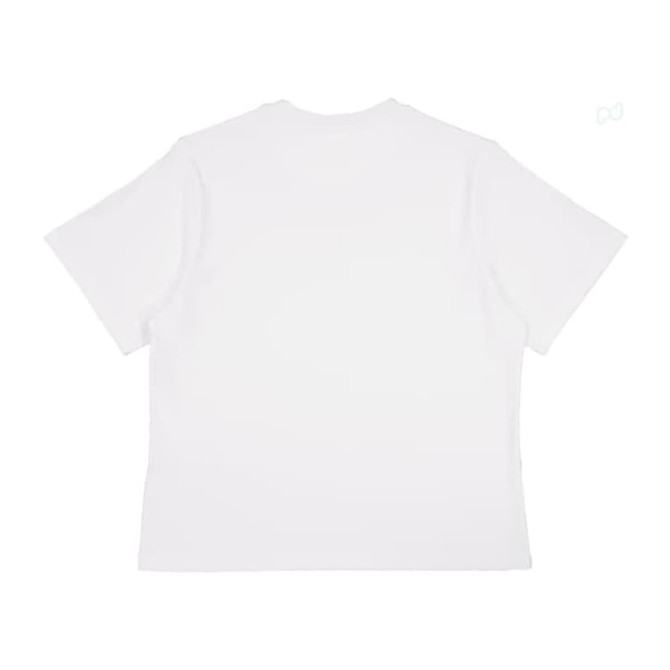 A white box tee with short sleeves and a relaxed fit, featuring a branding logo on the back.