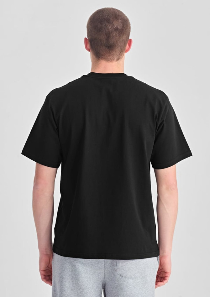 A black box tee featuring short sleeves, viewed from the back, with a simple design and a logo present.