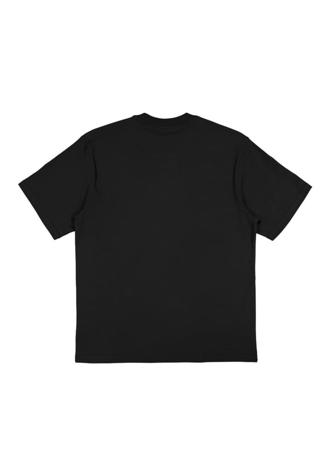 A black box tee featuring short sleeves and a plain back design. It has a logo at the label.