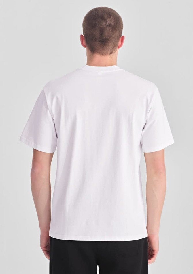 A plain white men's box tee viewed from the back, with short sleeves and a relaxed fit. It features a logo on the back.