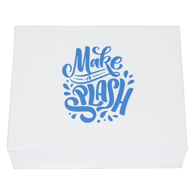 A white magnetic gift box featuring blue decorative text and water splash designs.