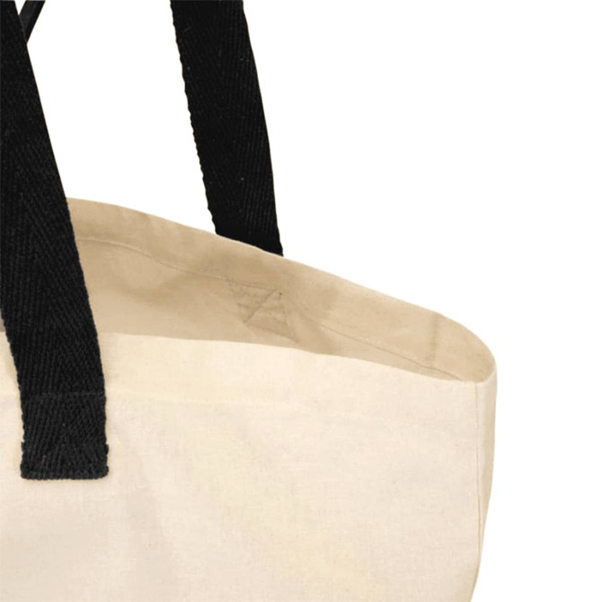 A beige cotton tote bag with black handles, featuring a simple design and a logo.