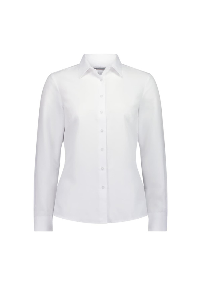 A white long sleeve shirt with a collar and button front, featuring a logo on the chest.