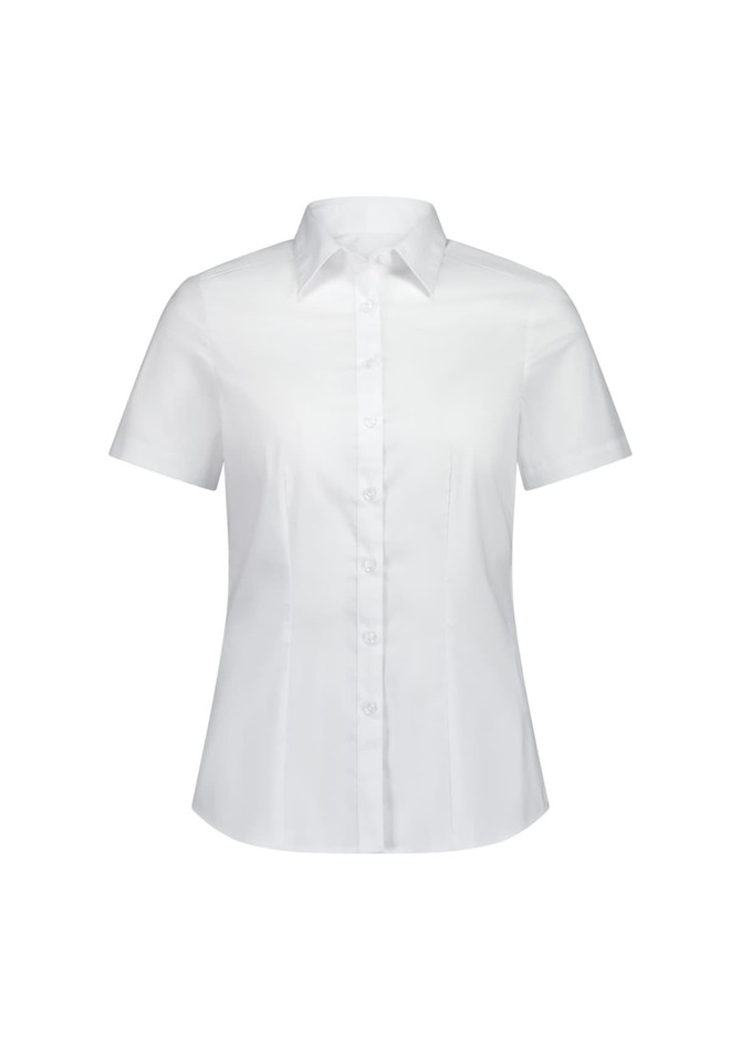 A white short sleeve women's shirt with a collared neckline and button front. Features branded logo detail.