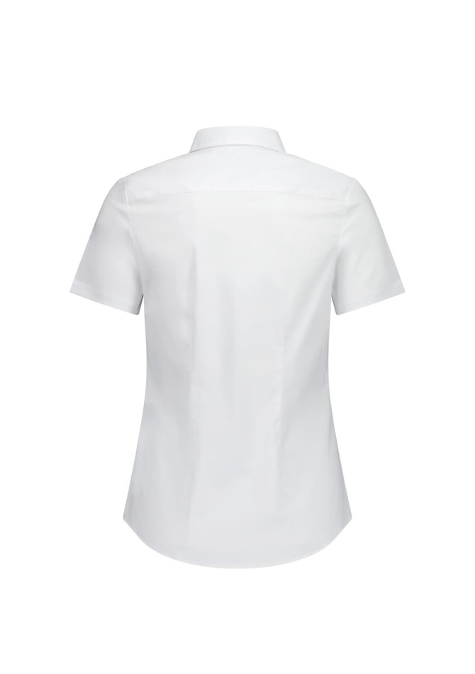 A white women's short sleeve shirt with a classic collar and a back yoke design. It features a logo on the back.