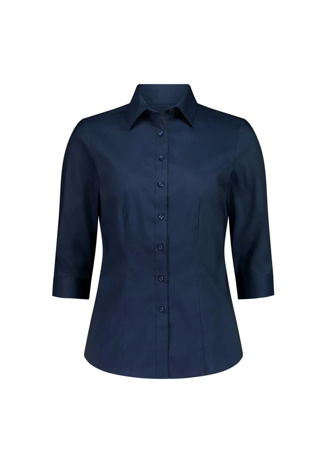 A navy blue women's 3/4 sleeve shirt with a button-up front and a collar, featuring a logo on the chest.