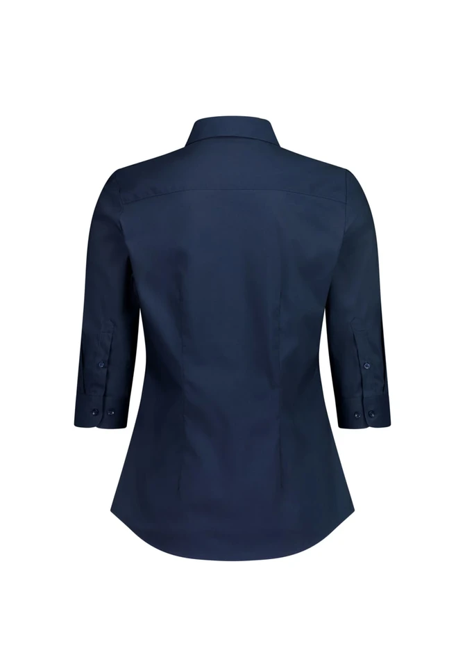 A navy women's 3/4 sleeve shirt with a collar and buttoned sleeves, featuring a logo on the back.
