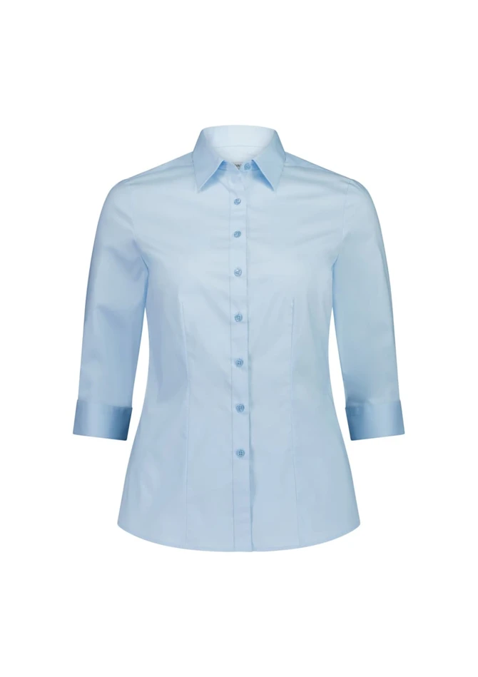 A light blue women's 3/4 sleeve shirt with a collared neckline and button-up front. It features a logo.