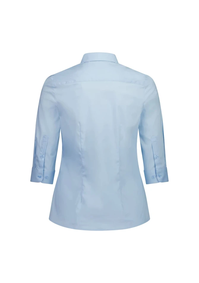 A light blue women's shirt with 3/4 sleeves and a curved hem, featuring a logo on the back.