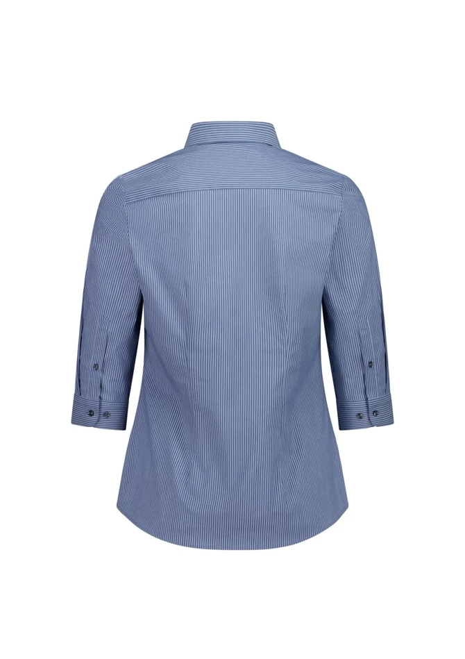A blue and white striped women's 3/4 sleeve shirt with a collar and button details on the sleeves.