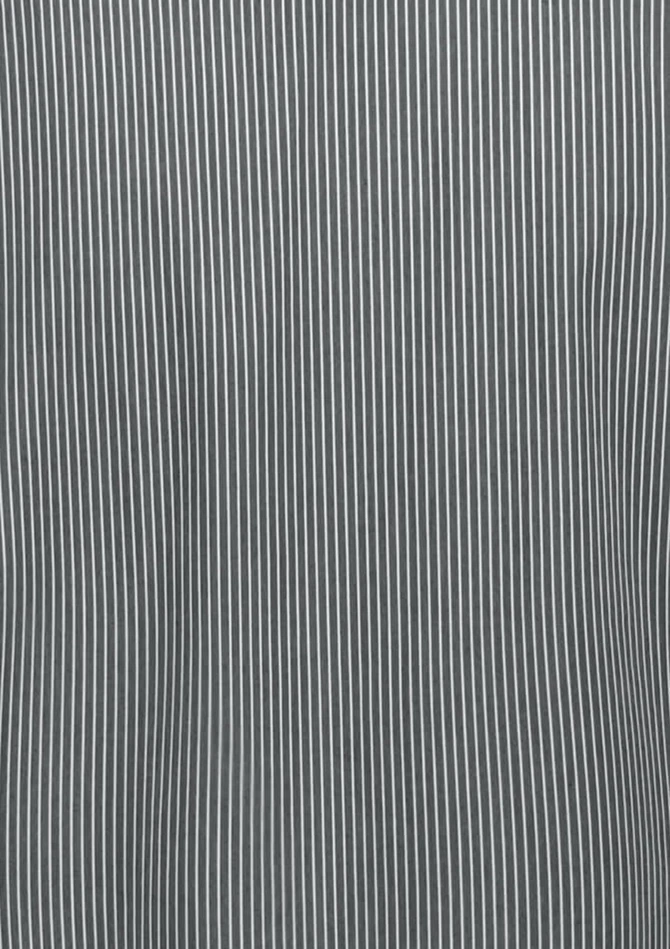A 3/4 sleeve shirt featuring a vertical striped pattern in shades of grey. The shirt has a logo on it.