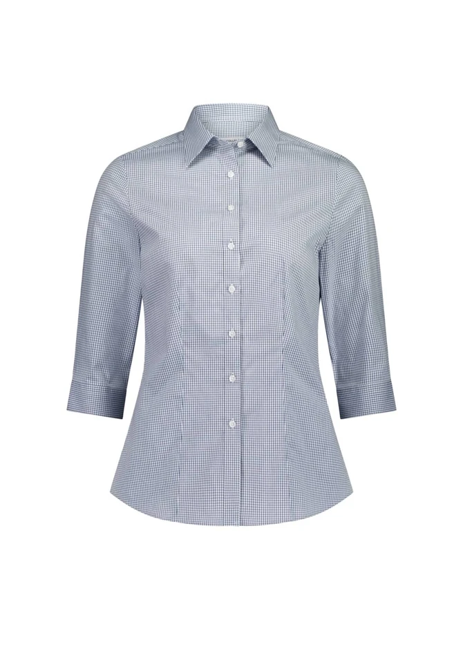 A fitted women's shirt with 3/4 sleeves in a blue and white checkered pattern. Features a classic collar and buttons.