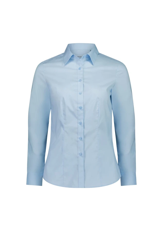 A women's long sleeve shirt in light blue, featuring a collared neckline and button placket, with a logo present.