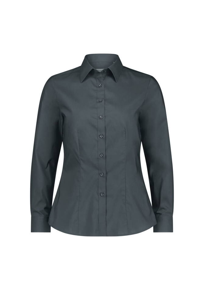 A fitted, long sleeve women's shirt in a dark grey colour, featuring a button-down front and collar.