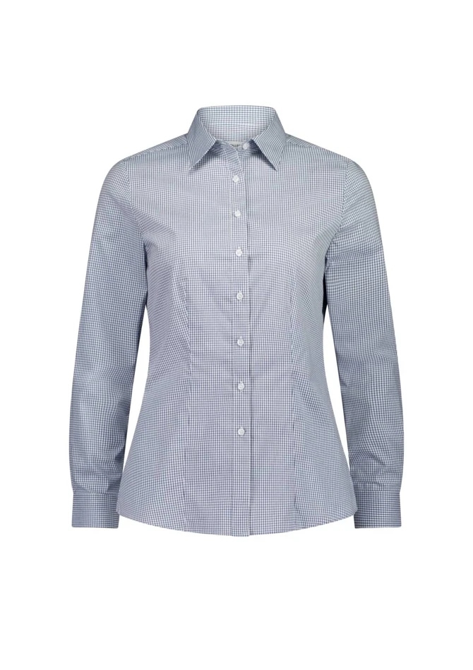 A long sleeve women's shirt in a navy and white gingham pattern. It features a collared neckline and a fitted shape.