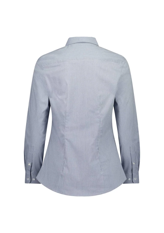 A long sleeve shirt in a blue and white gingham pattern, featuring a button-up collar and a fitted silhouette.