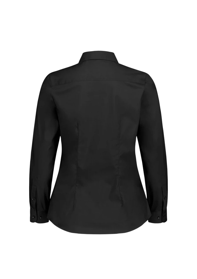 A black women's long sleeve shirt with a tailored fit and buttoned cuffs, featuring a logo on the back.