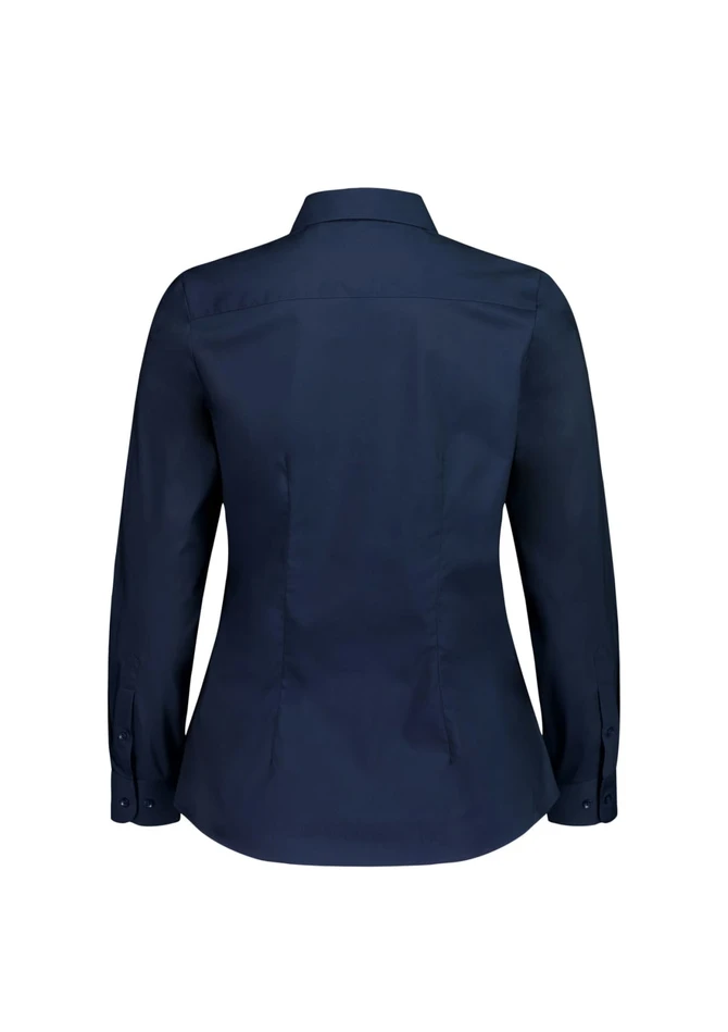 A navy blue long sleeve shirt featuring a fitted back and button-up cuffs. It has a logo on the fabric.