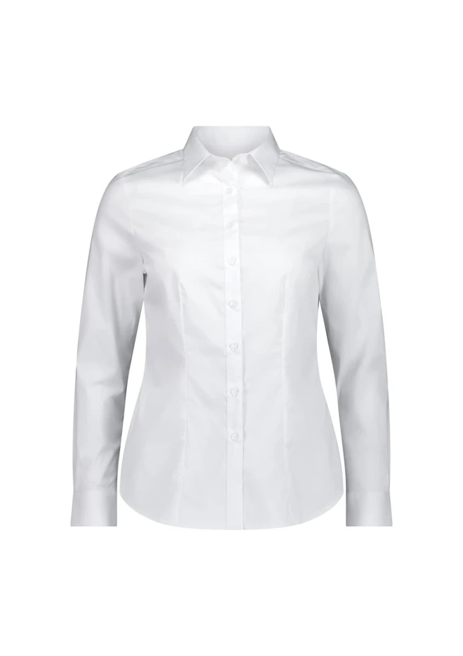A white long sleeve shirt with a collared neckline and button-up front, featuring a logo on it.