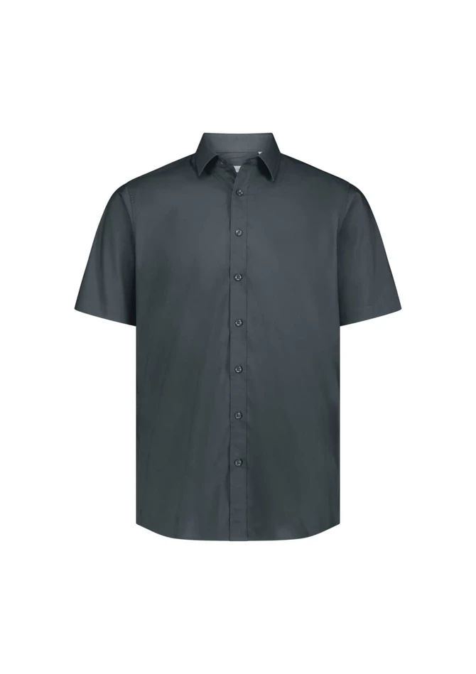 A classic fit short sleeve shirt in dark grey with a button-down front and a collar. Features a logo on the chest.