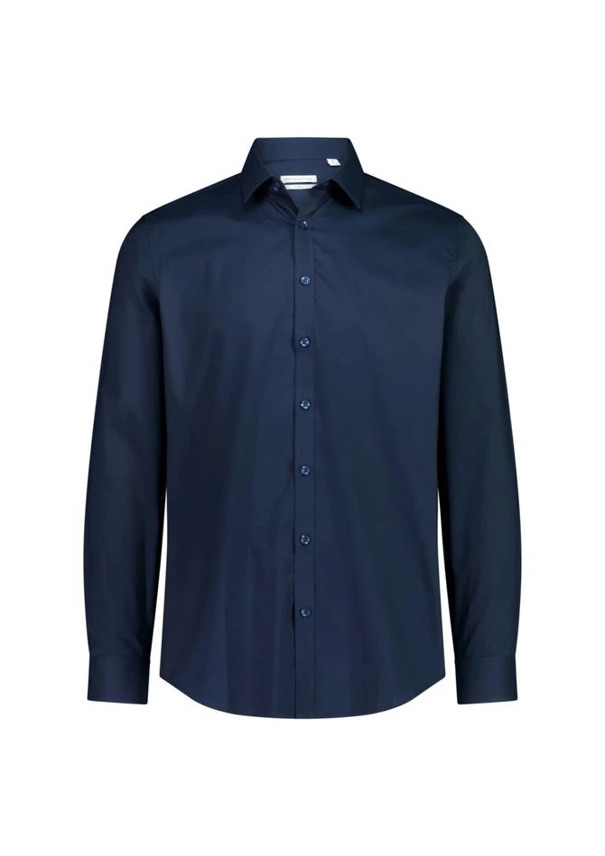 A navy blue slim fit long sleeve shirt with a button-up front and a collar, featuring a logo.
