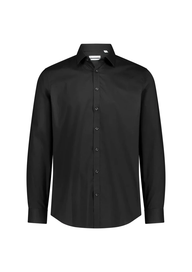 A slim fit long sleeve shirt in black, featuring a collar and button-up front, with a branding logo.