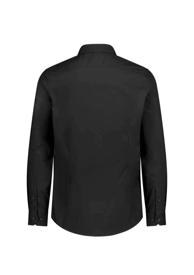 A black slim fit long sleeve shirt with a button-down collar and back view, featuring a logo.