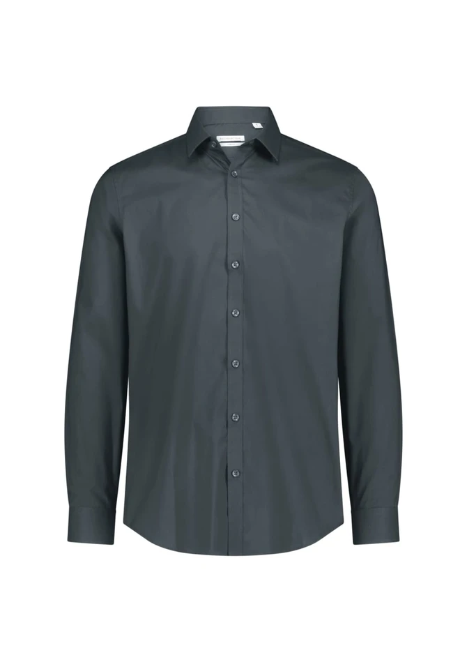 A long-sleeve men's shirt in a dark grey with a button-down collar and a logo on the chest.
