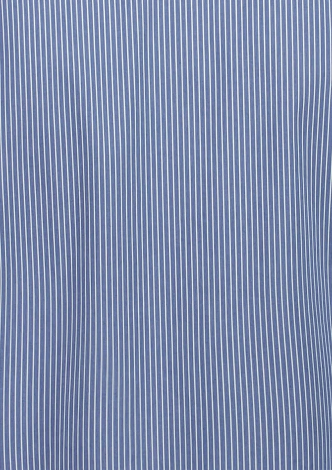 A women's 3/4 sleeve shirt in blue with white vertical stripes, featuring a logo on the design.